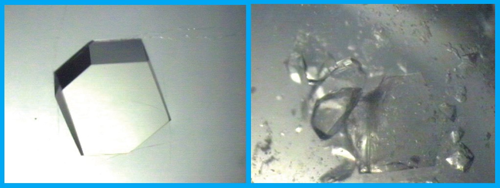 A protein crystal before (left) and after (right) being bullied by a probe.